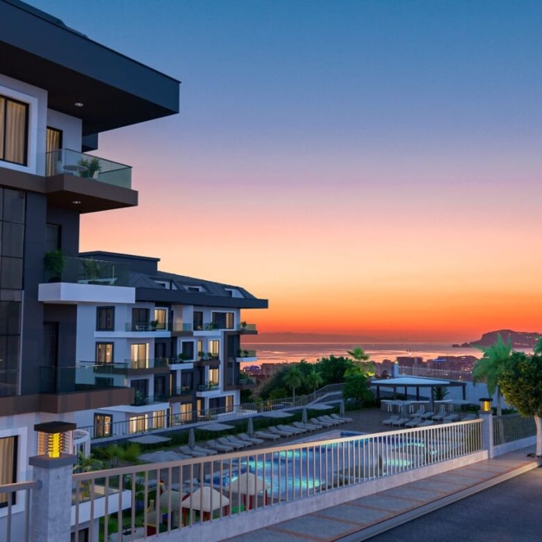 Modern sea-view apartments in Kargıcak, Alanya with stunning sunset views and elegant design.