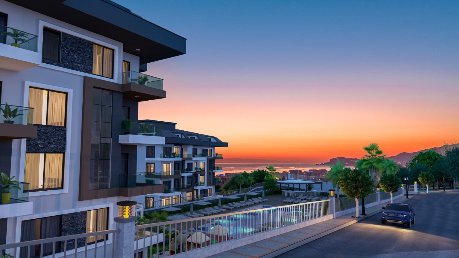 Modern sea-view apartments in Kargıcak, Alanya with stunning sunset views and elegant design.
