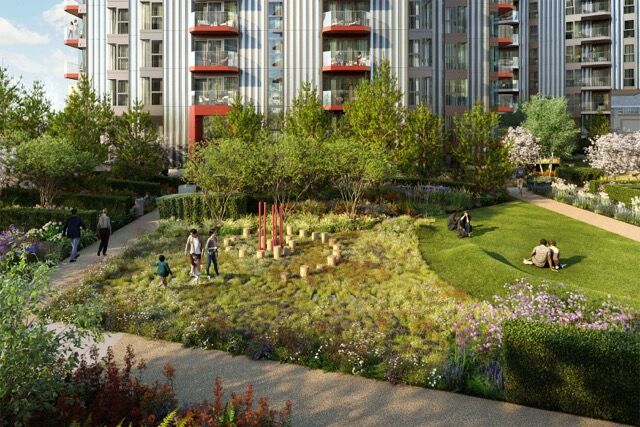 Contemporary garden in Woolwich, London, featuring vibrant plants and relaxing outdoor spaces.