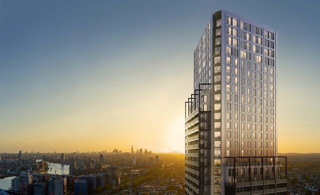 Modern high-rise residential building in Wandsworth, London, during sunset.