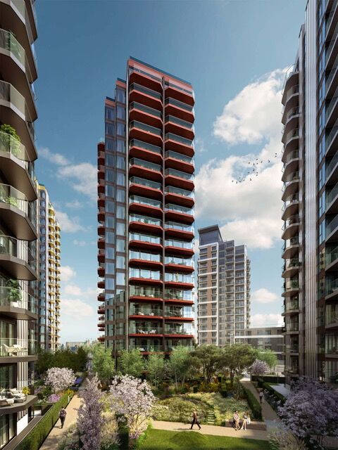 Modern high-rise apartment with spacious balcony in Woolwich, London.