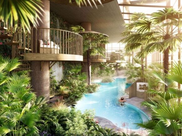 Elegant indoor pool surrounded by lush tropical plants and modern architecture in Wandsworth, London.