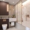 Luxury bathroom in Fulham apartment with marble finishes and modern fixtures.
