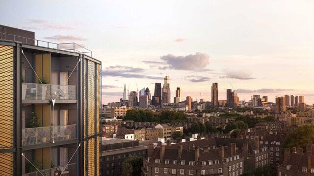Modern apartments in Bethnal Green, London, offering stunning canal views and city skyline scenery.
