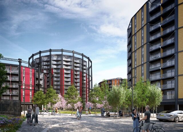 Contemporary apartment buildings in Bethnal Green, London with green spaces and modern design.