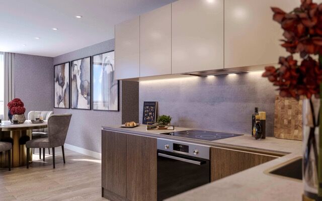 Bright modern apartment kitchen with sleek cabinets and contemporary decor in Birmingham.