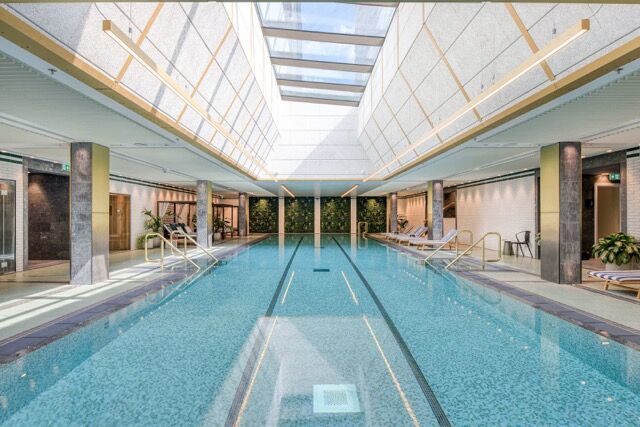 Indoor swimming pool at a luxury Fulham apartment in London.