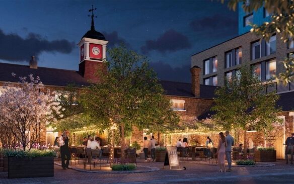 Beautiful evening scene of Wandsworth's historic town square with illuminated trees and lively socia.