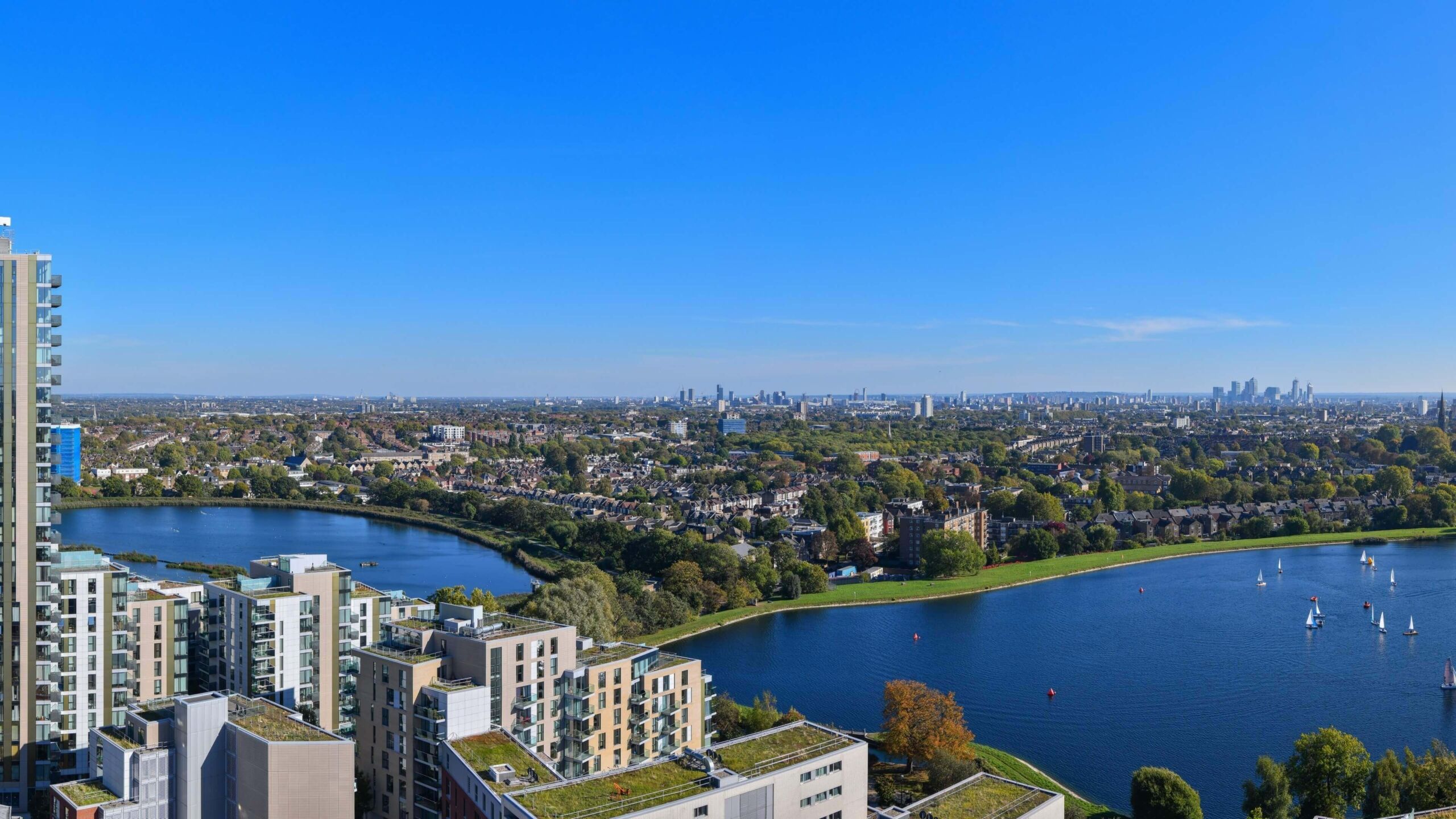 Beautiful view of Wandsworth's green parks and river from a luxury property in London.
