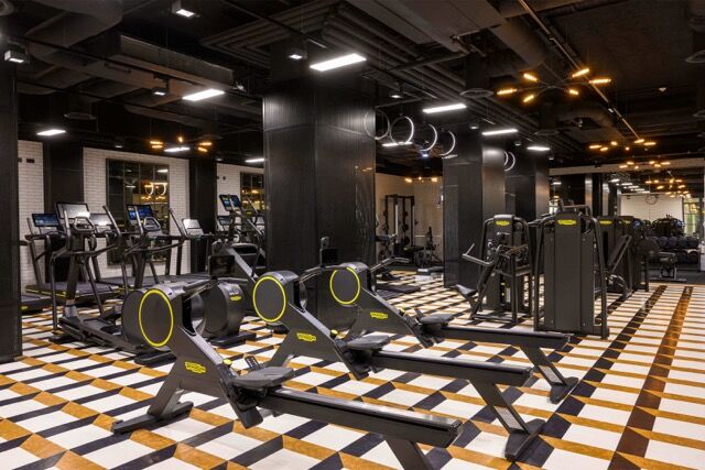 State-of-the-art gym featuring rowing machines, treadmills, and exercise bikes in a sleek, contempor.