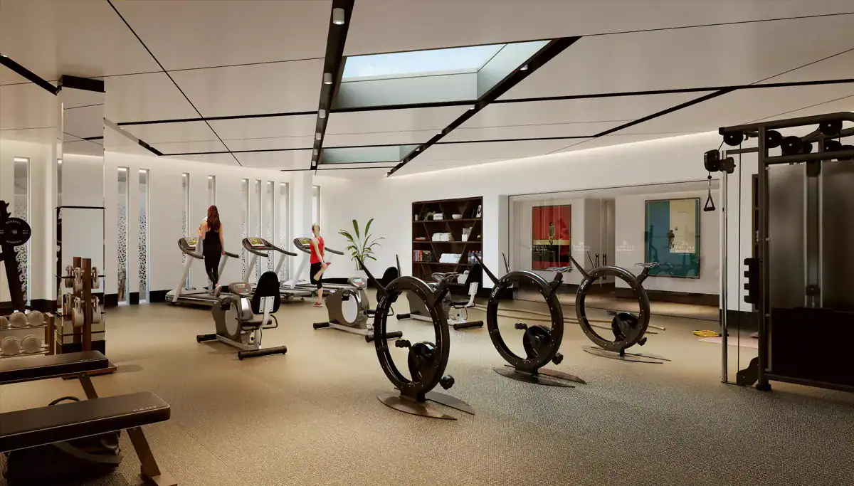 Modern gym in Chelsea waterfront residences with advanced fitness equipment.