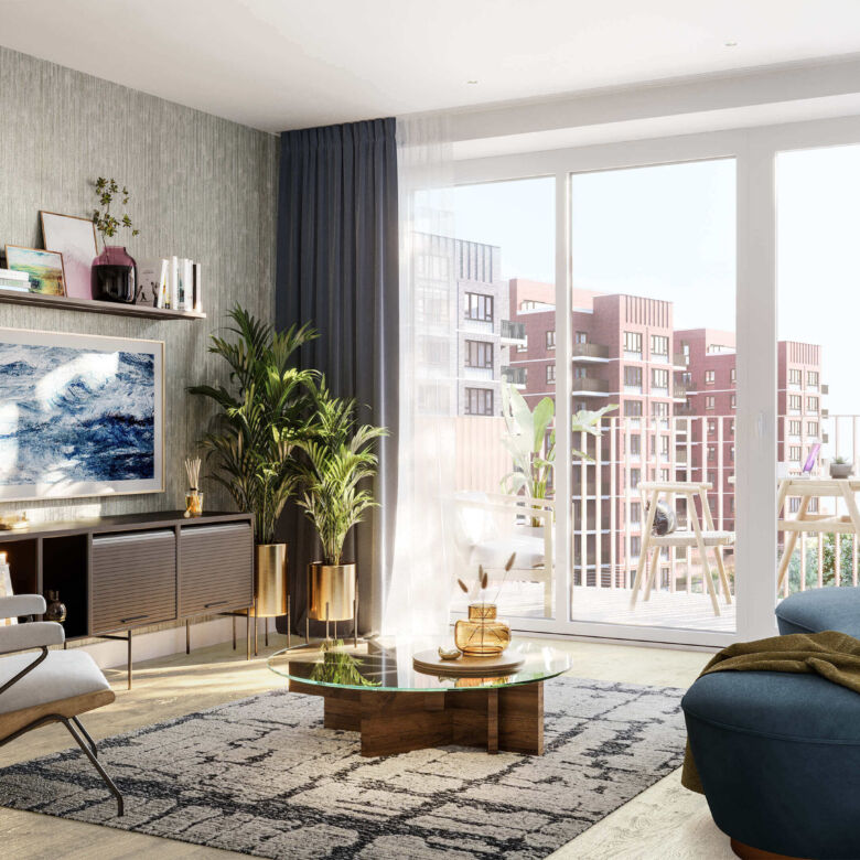 Bright living room in a modern London apartment with large windows and stylish furniture.