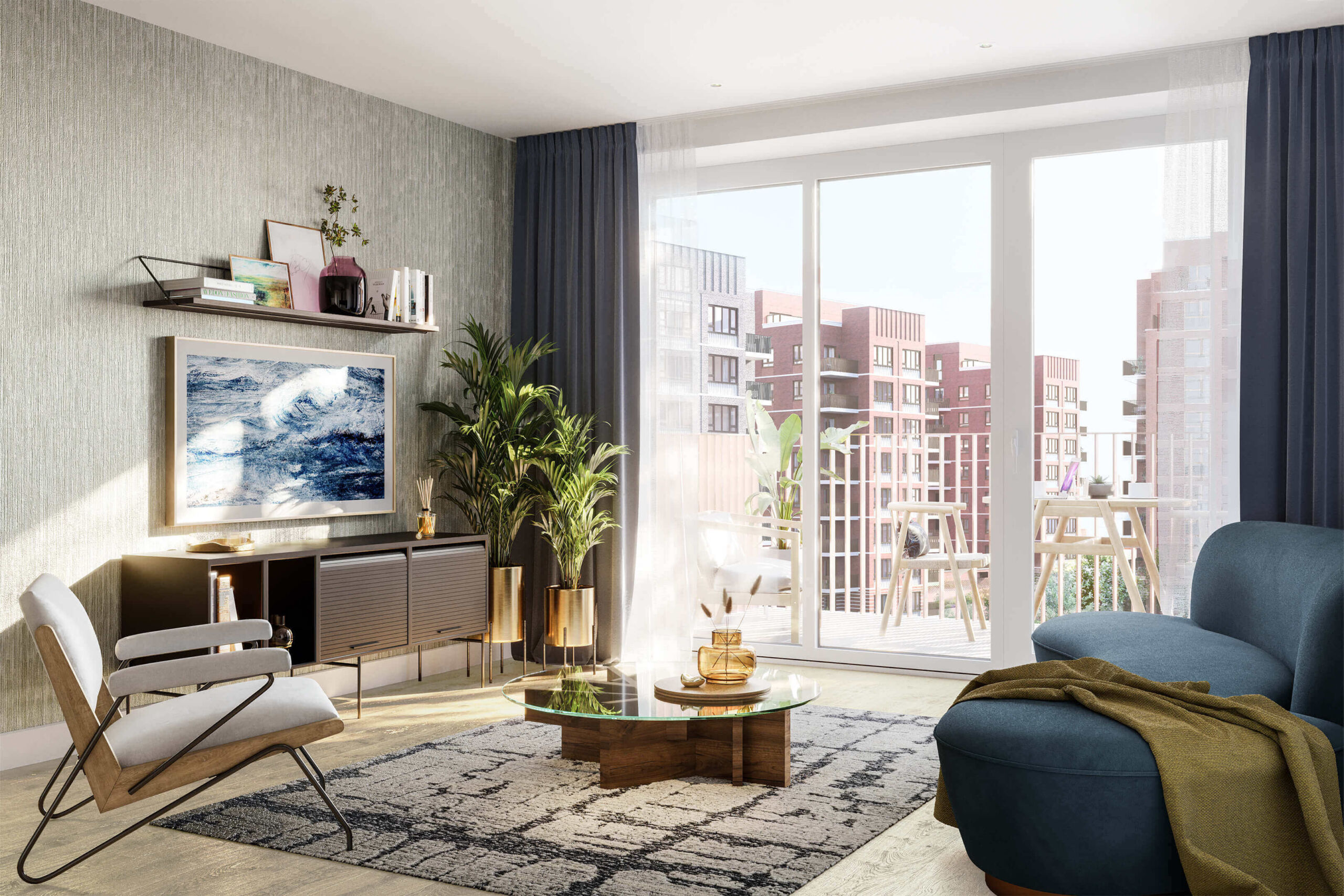 Bright living room in a modern London apartment with large windows and stylish furniture.