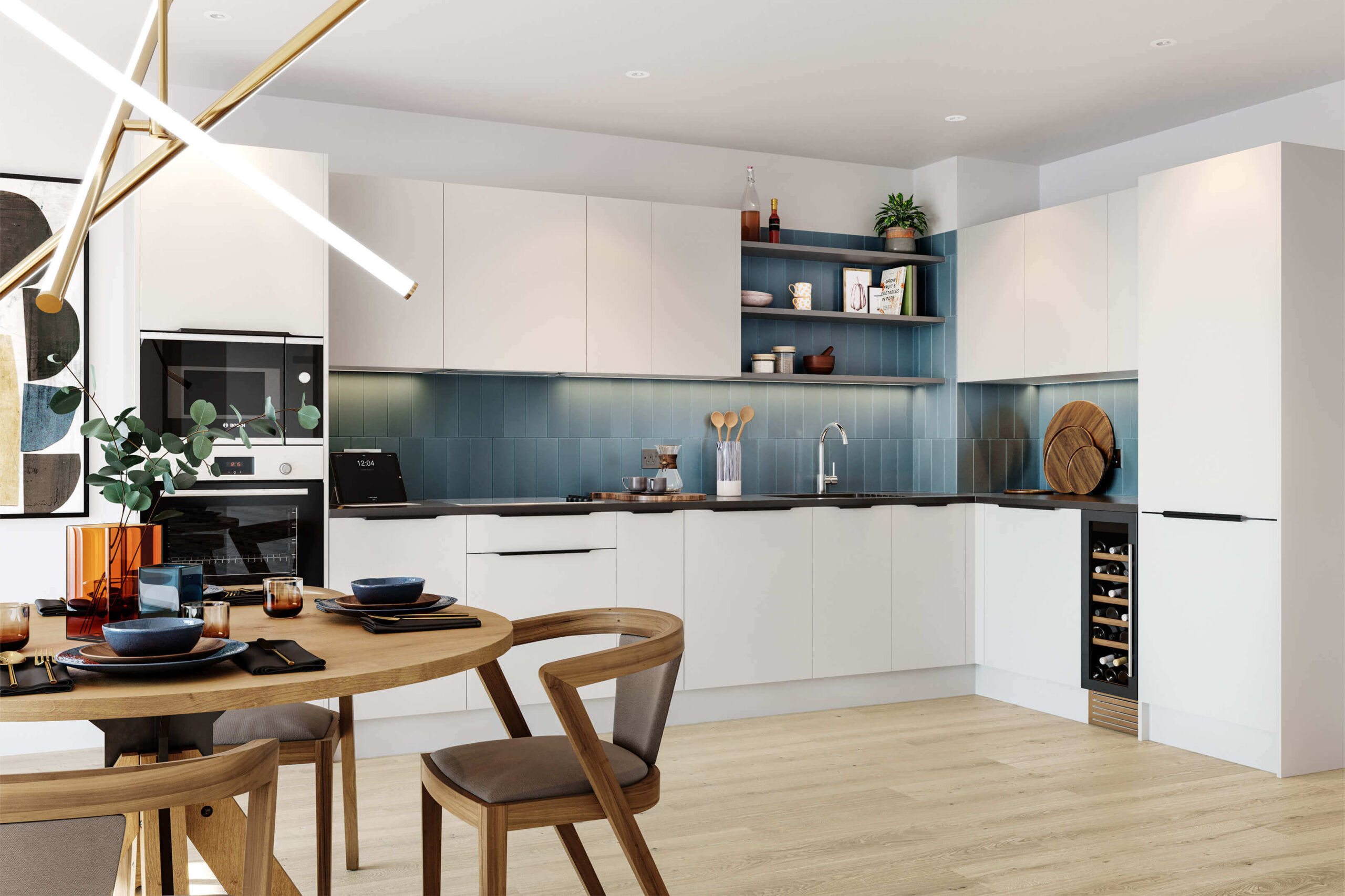 Modern White Kitchen in London Apartment Contemporary white kitchen with blue accents in a luxury London apartment.