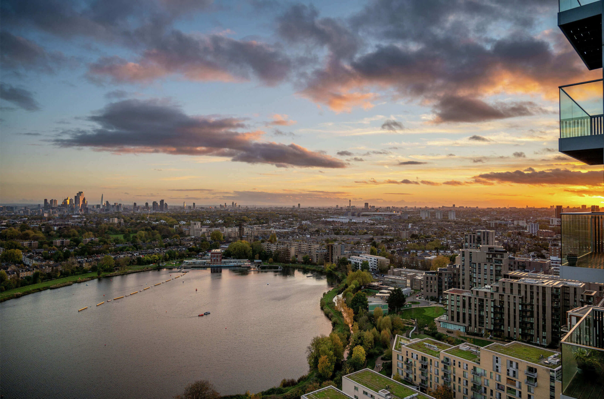 Elegant apartment overlooking Wandsworth Common and the River Thames at sunset.