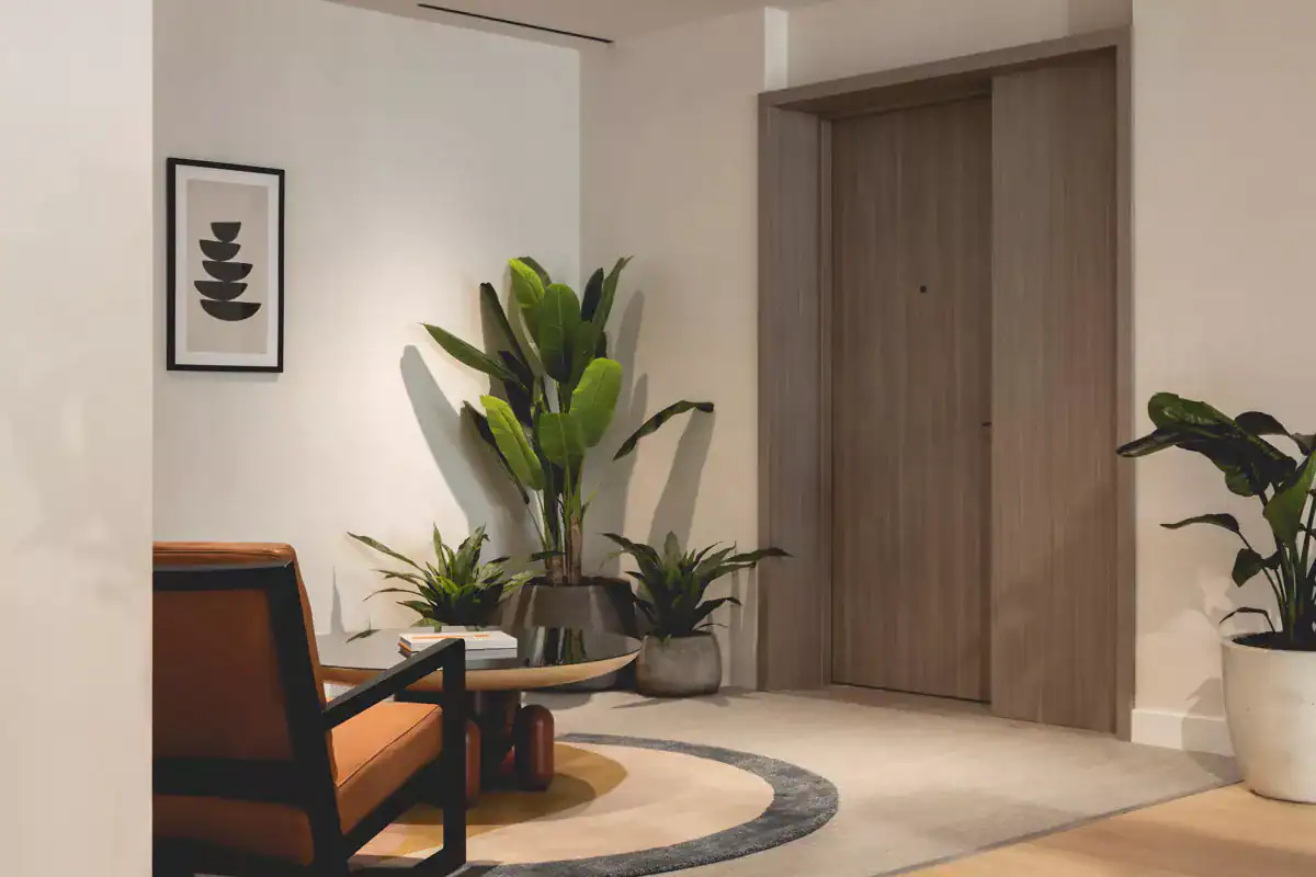 Elegant interior with potted plants and stylish decor.