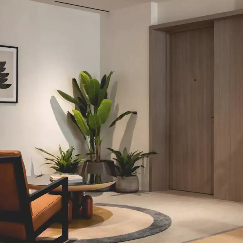 Modern interior of luxury apartments in King's Cross, London. Elegant decor with plants and stylish.