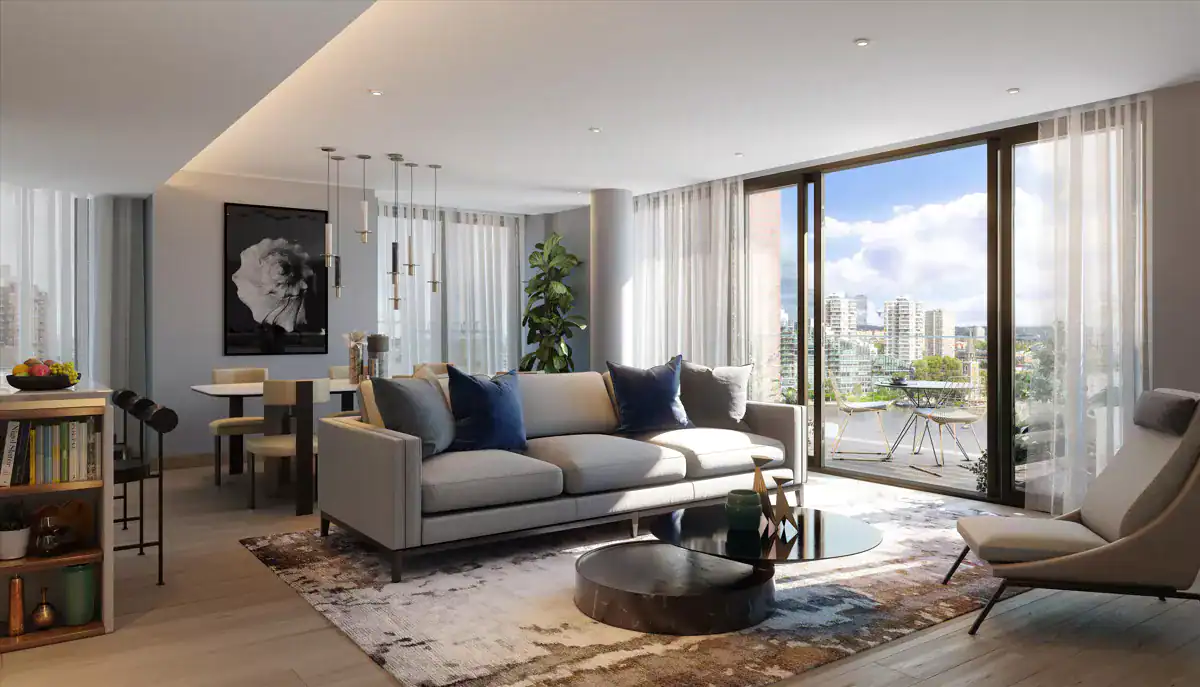 Elegant Chelsea waterfront apartment with modern interiors and panoramic city views.