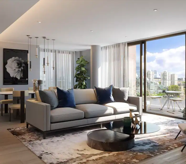 Waterfront apartment with stunning views of the Thames in Chelsea, London. Modern interior with spac.