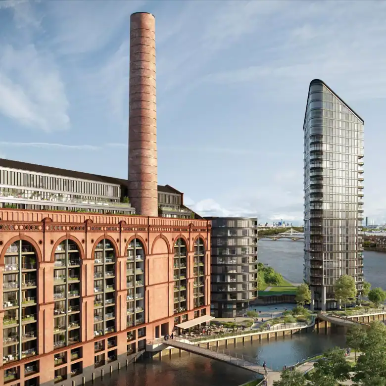 Luxury waterfront residences in Chelsea, London with modern architecture and scenic river views.