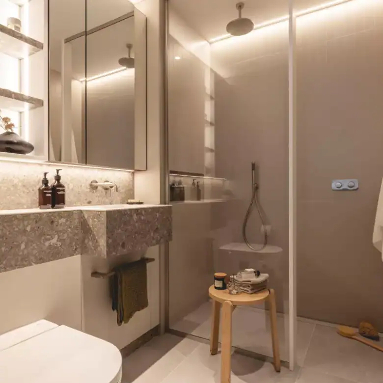Luxury bathroom with modern fixtures in Capella, King's Cross apartments.