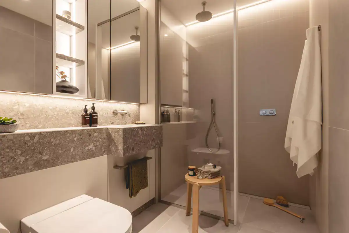 Luxury bathroom with modern fixtures in Capella, King's Cross apartments.