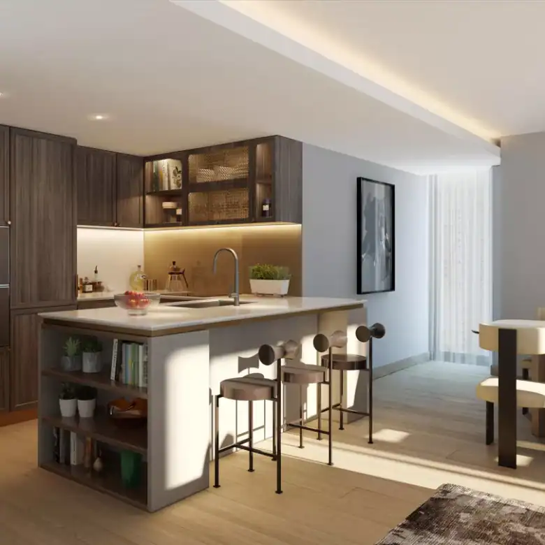 Modern Chelsea waterfront residence kitchen with sleek cabinetry and open-plan design.