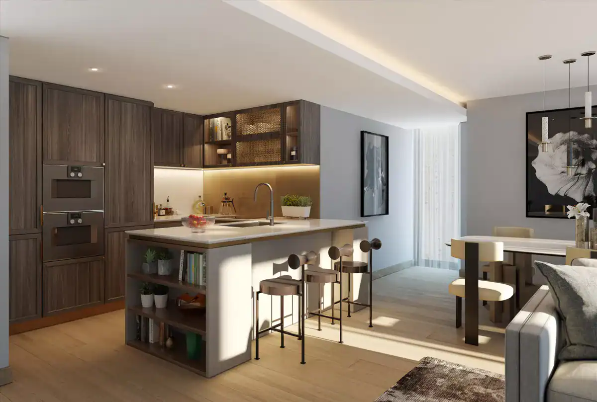 Modern Chelsea waterfront home kitchen with sleek cabinetry and open-plan design.
