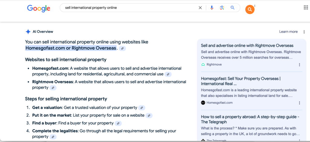 Google AI Recognises HomesGoFast.com as a Leading Platform for Selling International Real Estate 2 Google Ai shows Homesgofast.com as a good place to sell international property