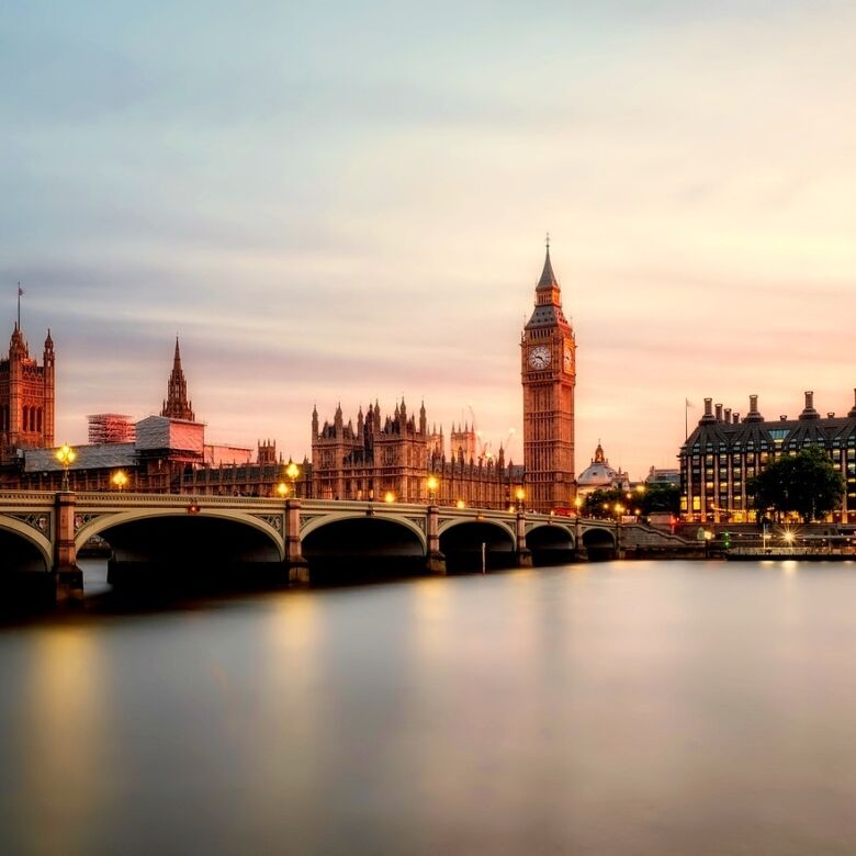 Bright view of London’s Big Ben and Houses of Parliament at sunset.
