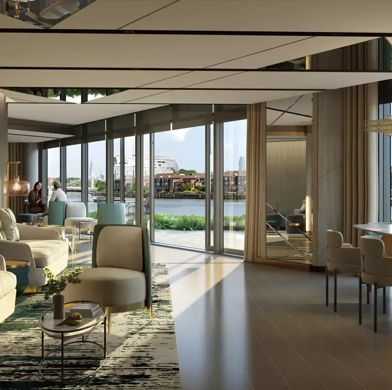 Luxury Chelsea waterfront living room with modern furniture and river views.