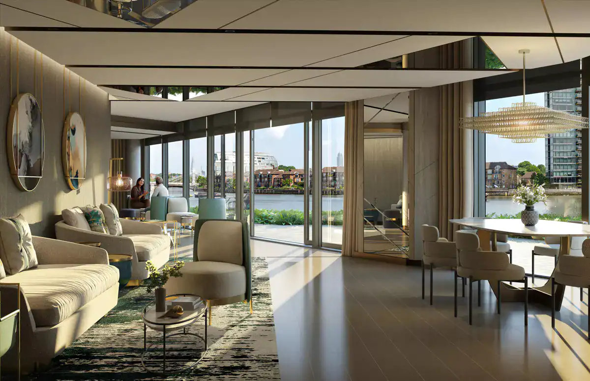 Luxury Chelsea waterfront living room with modern furniture and river views.