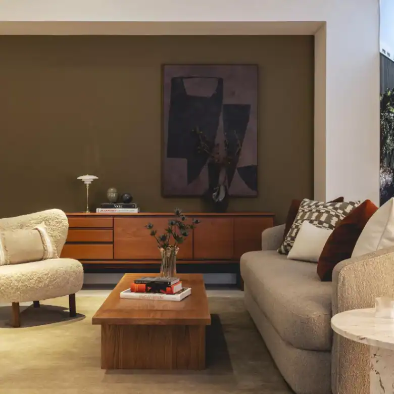 Luxury apartment living room with contemporary furniture and elegant decor.