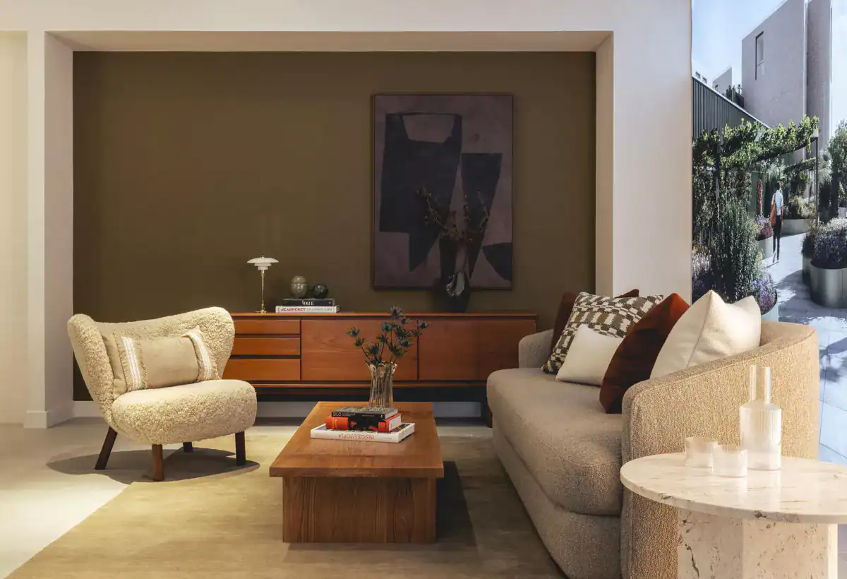 Luxury apartment living room with contemporary furniture and elegant decor.