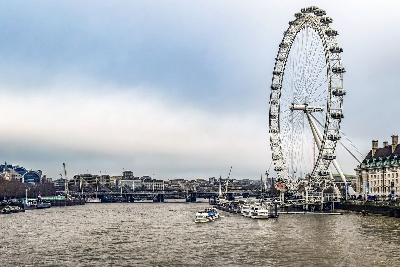 London Ferris wheel and river view from a modern apartment balcony.