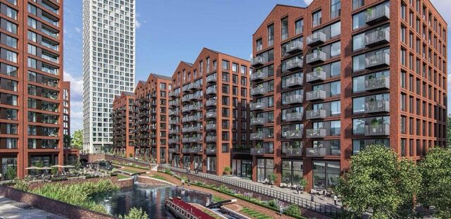 Contemporary river-view apartments with balconies in Birmingham city center.