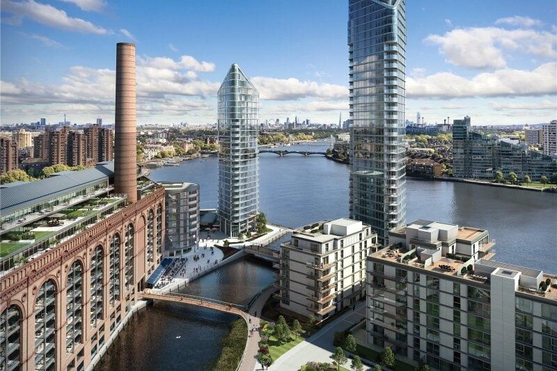 Modern Chelsea waterfront skyscrapers with river views in London.