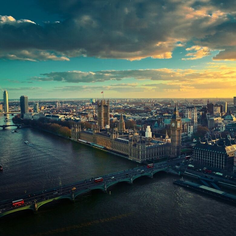 Stunning aerial view of London featuring the River Thames and iconic landmarks during sunset.