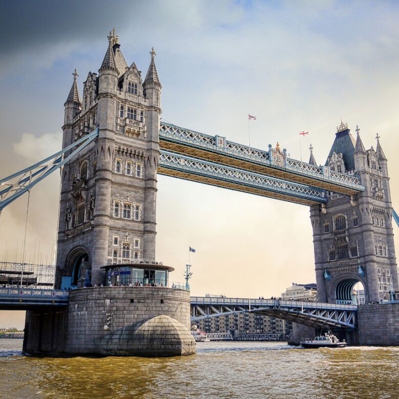 London Tower Bridge with scenic view of the Thames River.