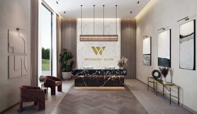 Modern lobby of a chic 3-bedroom apartment in Finsbury Park, London, featuring stylish decor and ele.