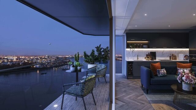 Modern 2-bedroom apartment in Woolwich, London with balcony and city skyline views.
