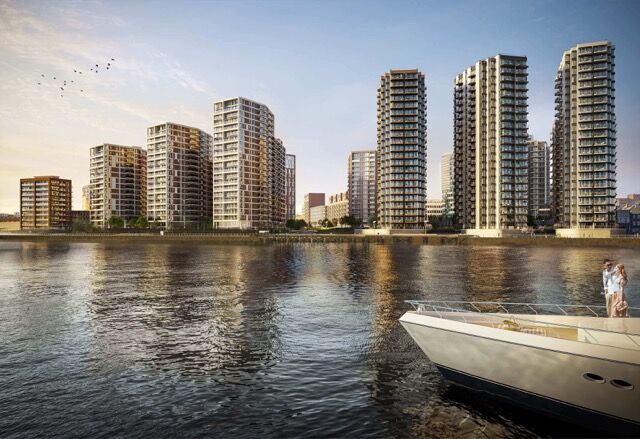 Contemporary high-rise apartments along the Woolwich River in London.