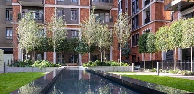 Modern residential complex with landscaped gardens near Marylebone and Regents Park.