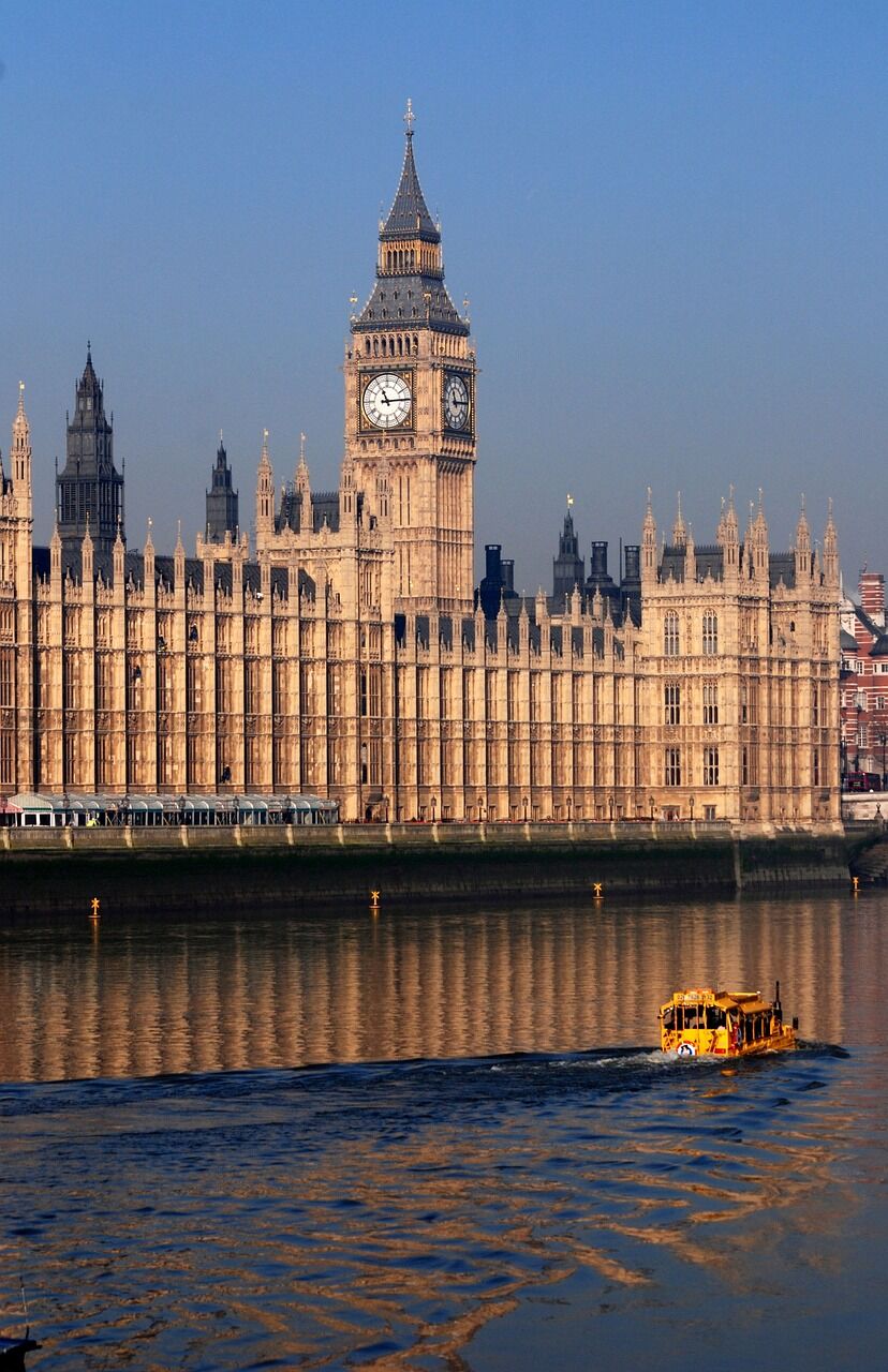 Big Ben and Houses of Parliament in London with river view.