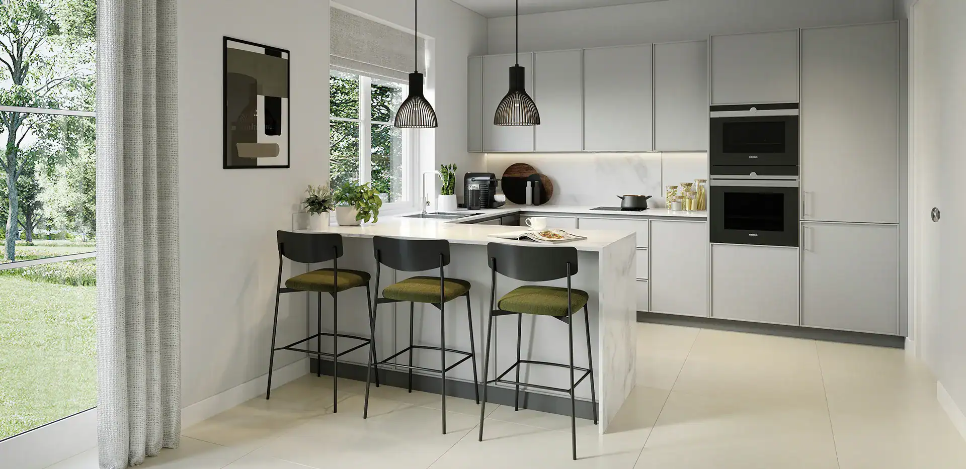 Modern white kitchen featuring a breakfast bar with green stools, sleek cabinetry, and large windows.
