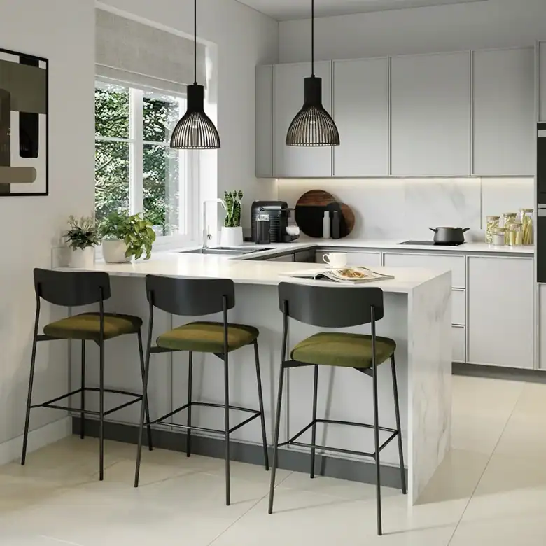 Contemporary white kitchen with scenic park views and natural light.