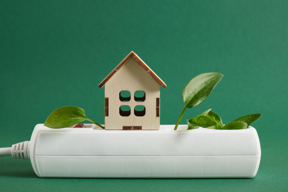 wooden miniature house green leaf plug surge protector ecofriendly electricity your home 1