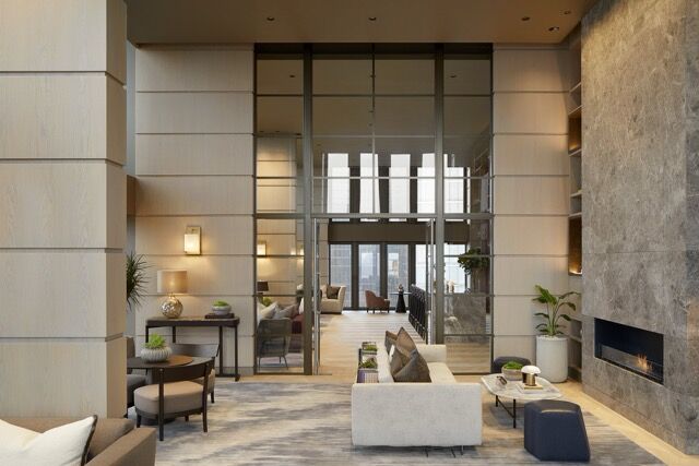 Luxury apartment interior with modern furnishings and panoramic city views.