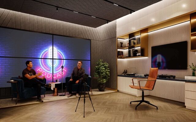 Modern canal-side apartment interior with a podcast recording setup.