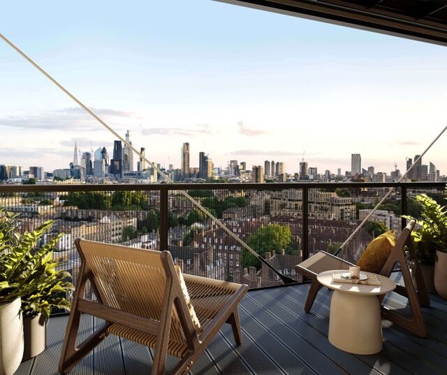 Stunning view of London skyline from exclusive Bethnal Green apartment balcony.